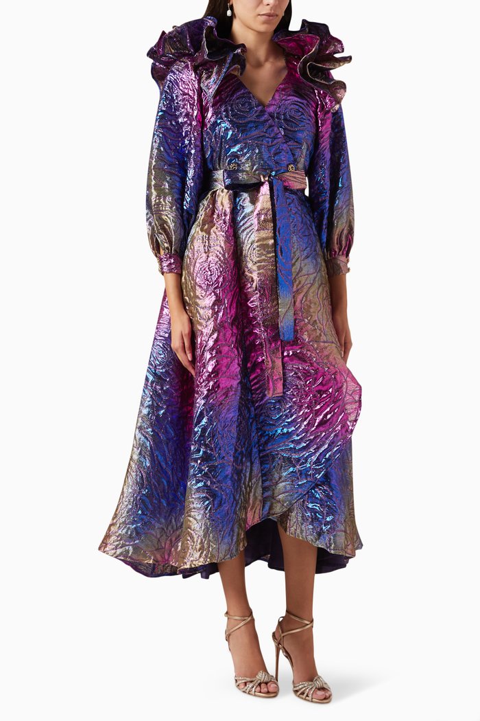 

Ruffle Midi Dress in Metallic Jacquard, Purple