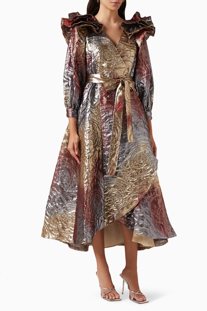 

Ruffle Midi Dress in Metallic Jacquard, Gold