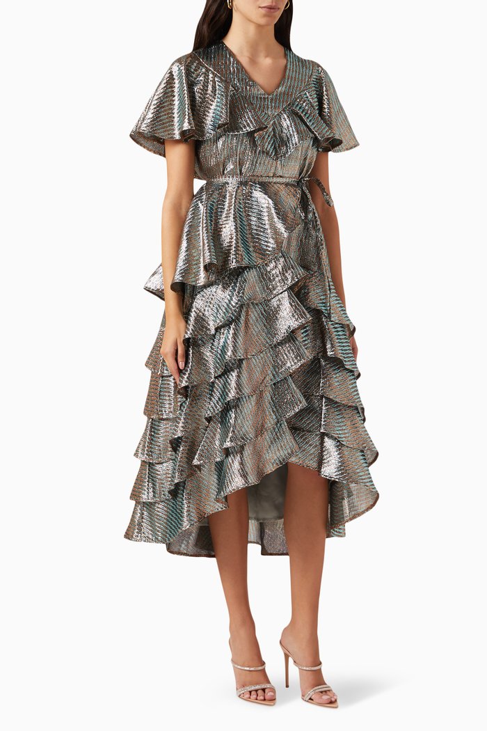 

Tiered Midi Dress in Metallic Jacquard, Green