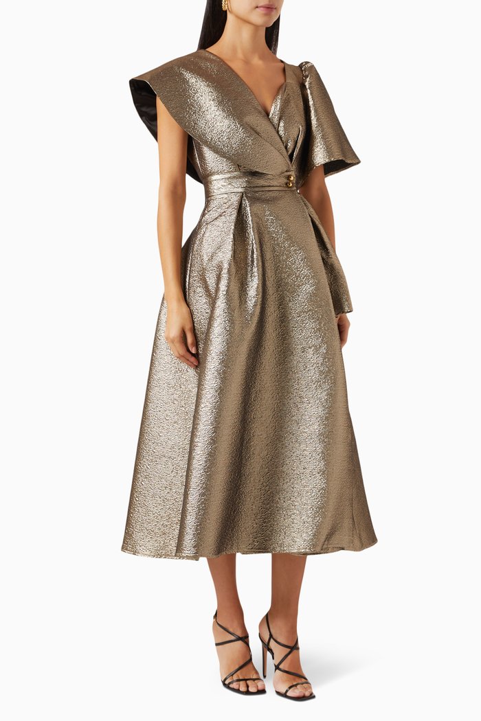

Metallic Midi Dress in Jacquard, Gold