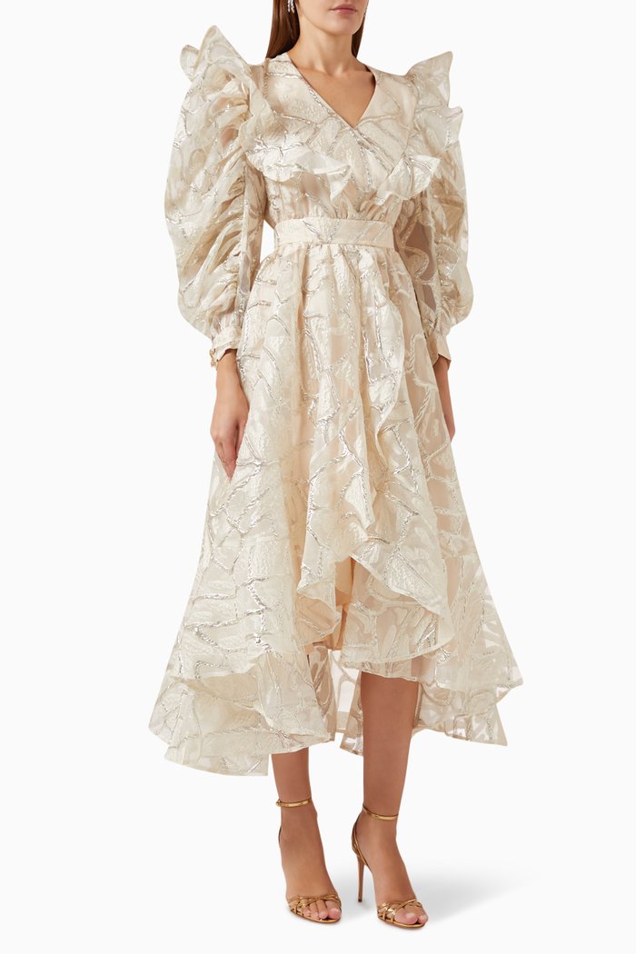 

Embellished Ruffle-trimmed Midi Dress, Neutral