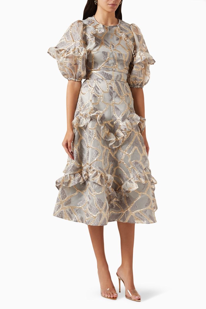 

Ruffle Midi Dress in Jacquard, Grey