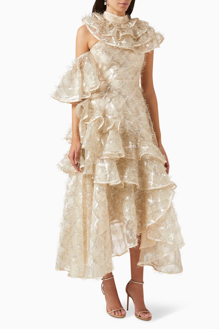 

Ruffle Midi Dress in Metallic Tulle, Silver