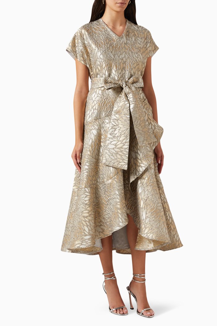 

Bow Midi Dress in Metallic Jacquard, Grey