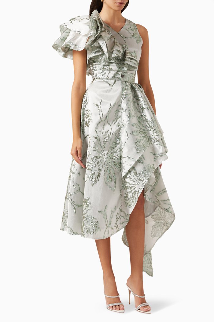 

Ruffle Midi Dress in Metallic Jacquard, Green