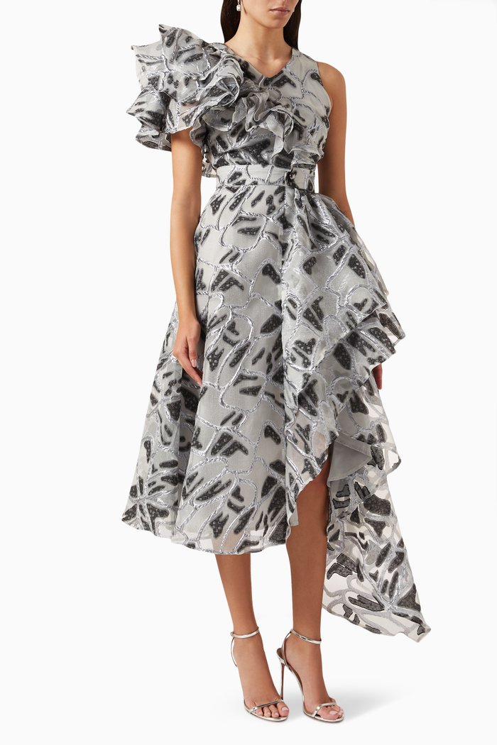 

Ruffle Midi Dress in Metallic Jacquard, Black