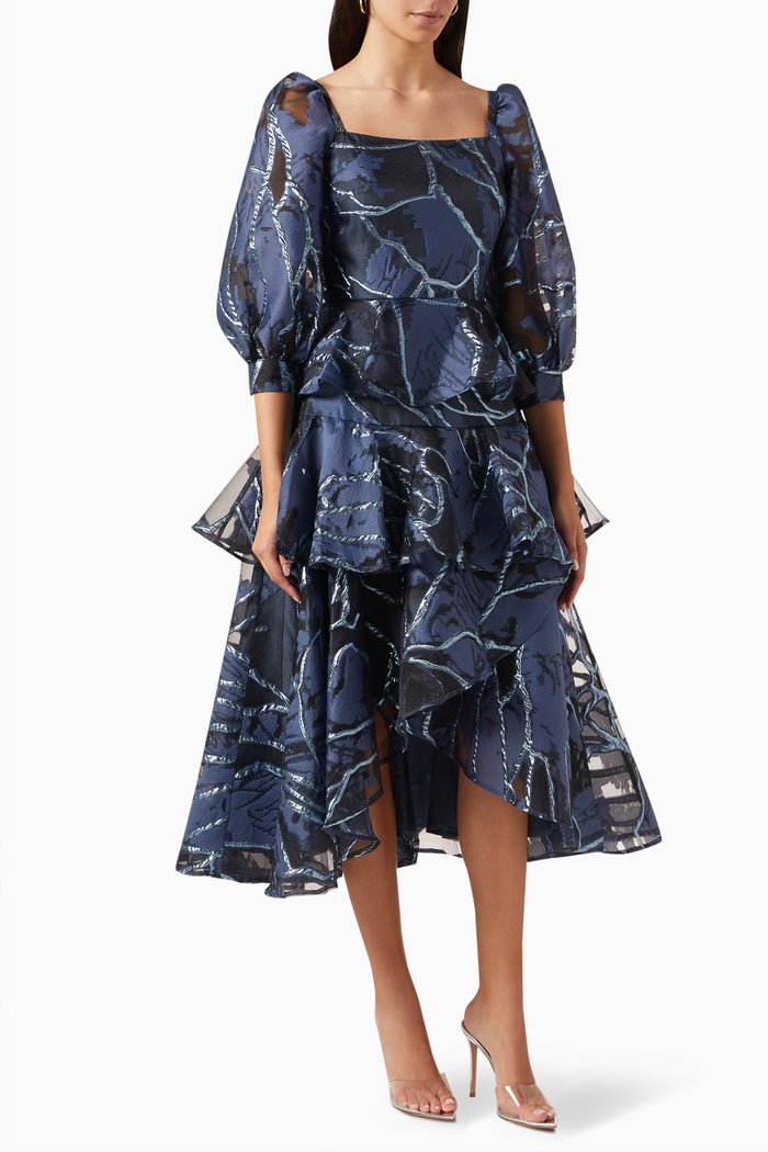

Ruffle Midi Dress in Jacquard, Blue
