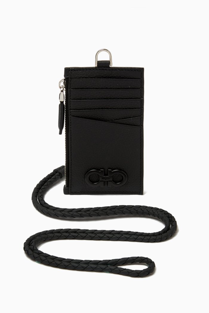 

Gancio Lanyard Card Case in Leather, Black