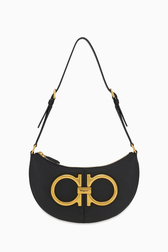 

Maxi Gancio Hobo Shoulder Bag in Tumbled Calf Leather, Black