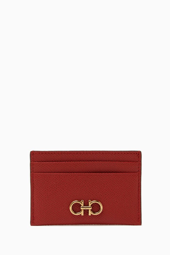 

Gancini Credit Card Case in Textured Leather, Brown