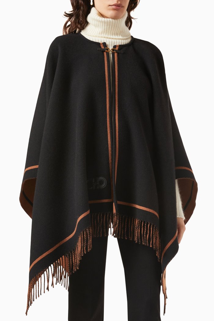 

Gancini Striped Cape in Wool & Cashmere, Black