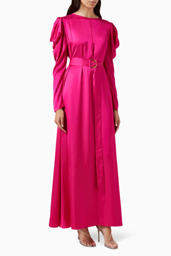 

Belted Maxi Dress in Satin, Pink