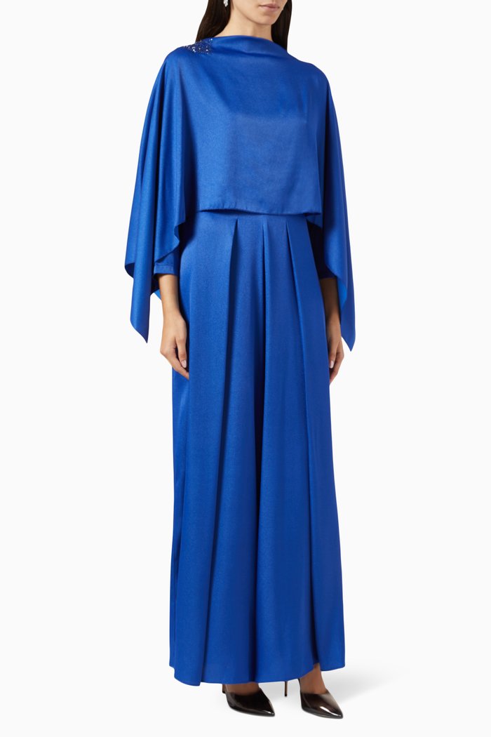 

Embellished Cape Wide-leg Jumpsuit in Satin, Blue