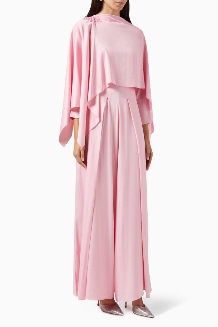 

Embellished Cape Wide-leg Jumpsuit in Satin, Pink