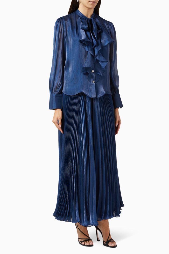 

Ruffled Top & Pleated Pants Set in Satin Chiffon, Blue