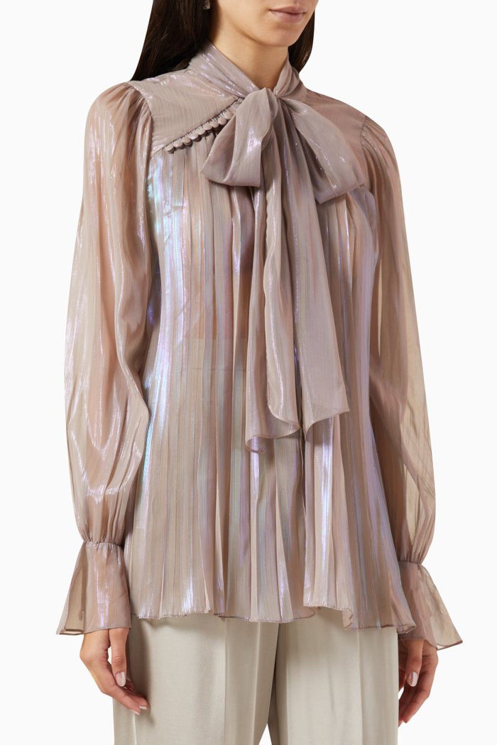

Pleated Neck-tie Top in Metallic Chiffon, Neutral