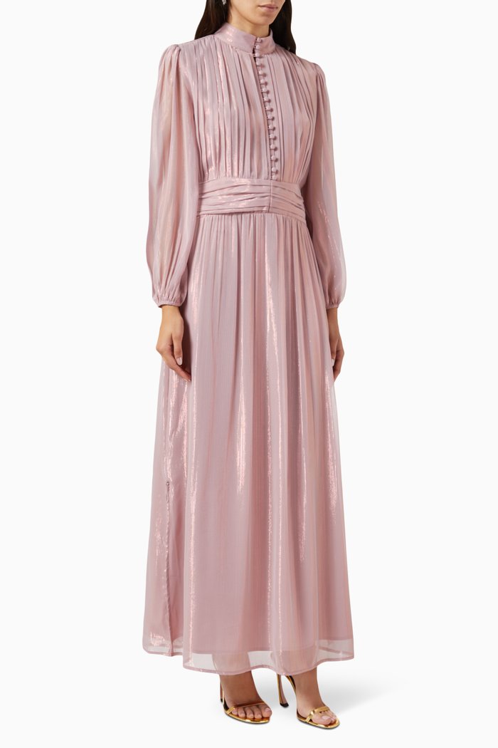 

Pleated Maxi Dress in Metallic Chiffon, Pink