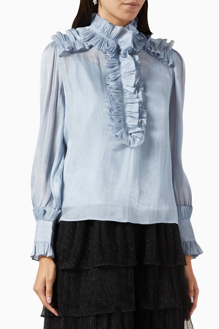 

Ruffled Sheer Top in Organza, Blue