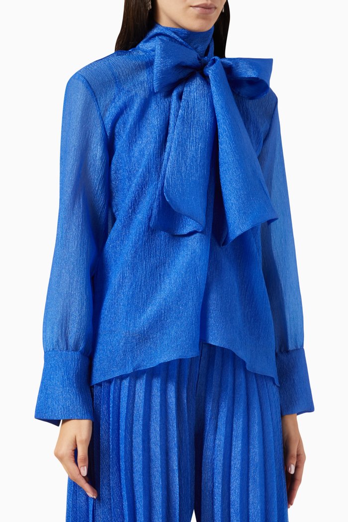 Bow-tie Collar Top in Silk Organza, Blue