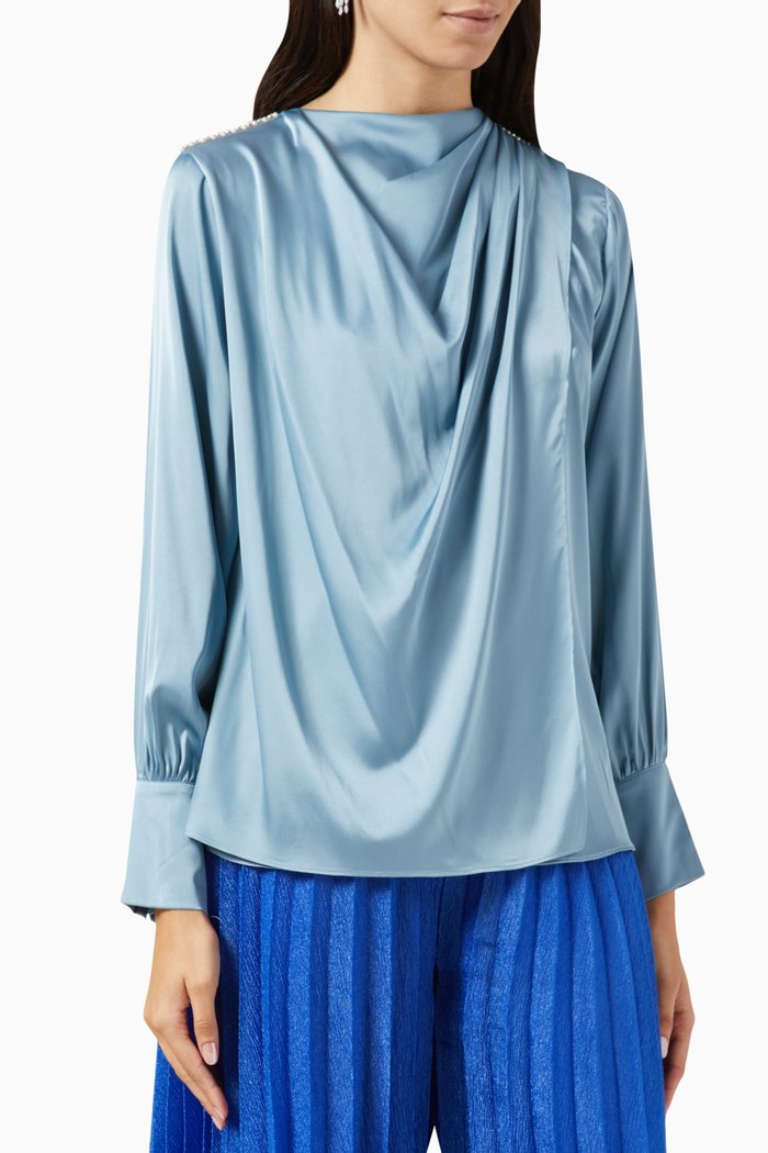 

Embellished Draped Top in Silk Chiffon, Blue