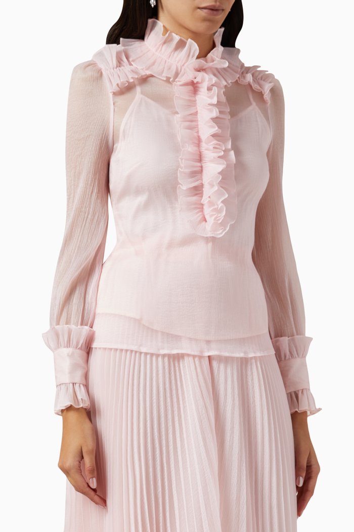 Ruffled Sheer Top in Chiffon, Pink