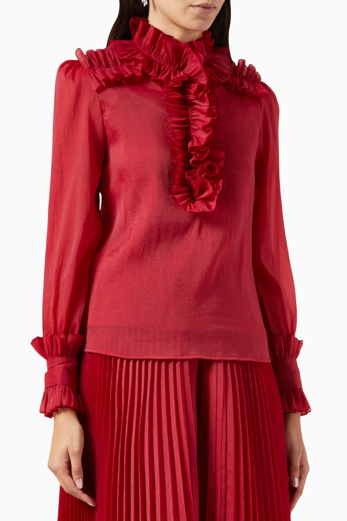 

Ruffled Sheer Top in Chiffon, Red
