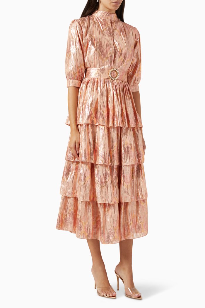 

Tiered Ruffle Midi Dress in Metallic Chiffon, Gold