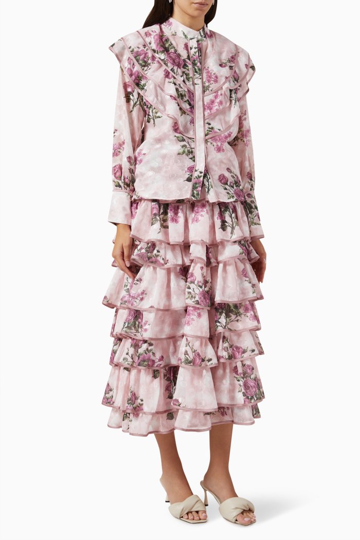 

Ruffled Floral-print Top & Skirt Set in Silk Organza, Pink