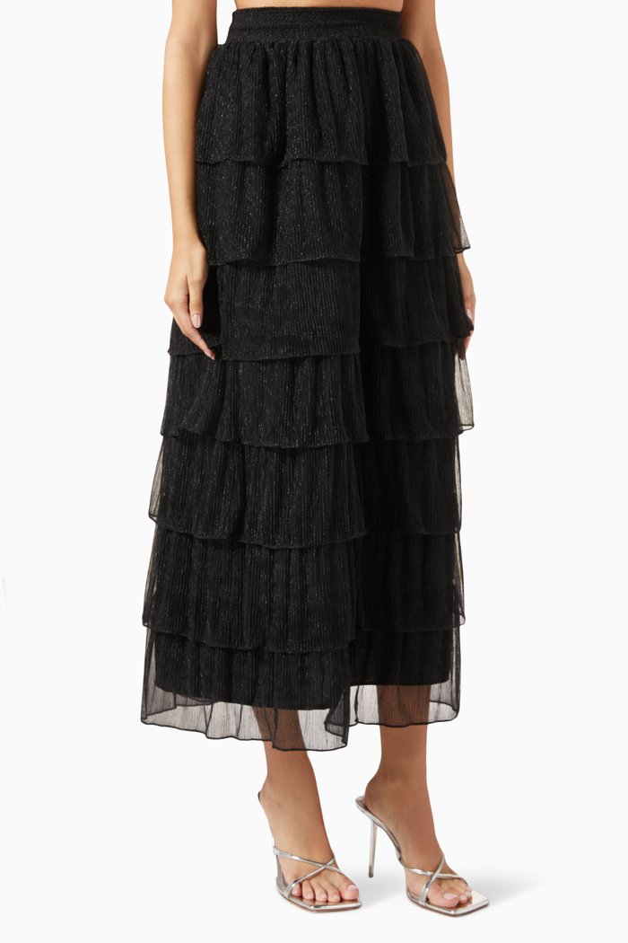 

Tiered Shimmer Midi Skirt, Black