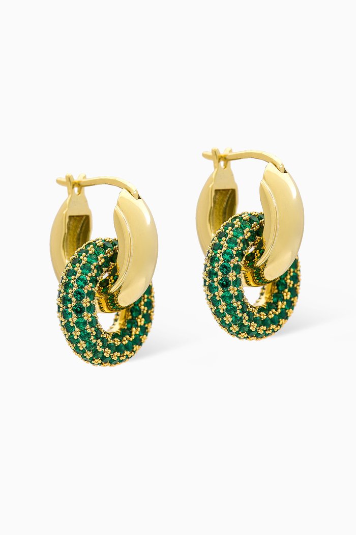 

Pavé Interlock Hoops in Gold-plated Brass, Green