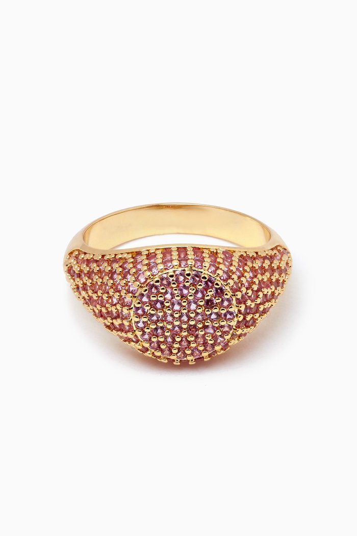 Pavé Signet Ring in Gold-plated Brass, Pink