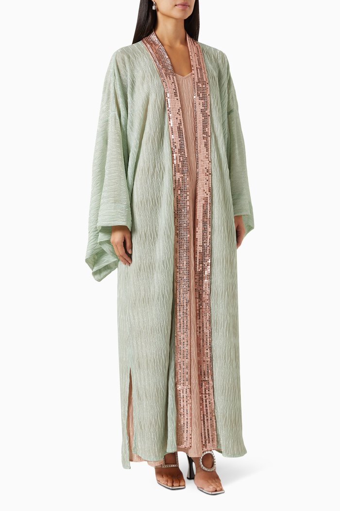 

Sequin-embellished Textured Kaftan Set, Green