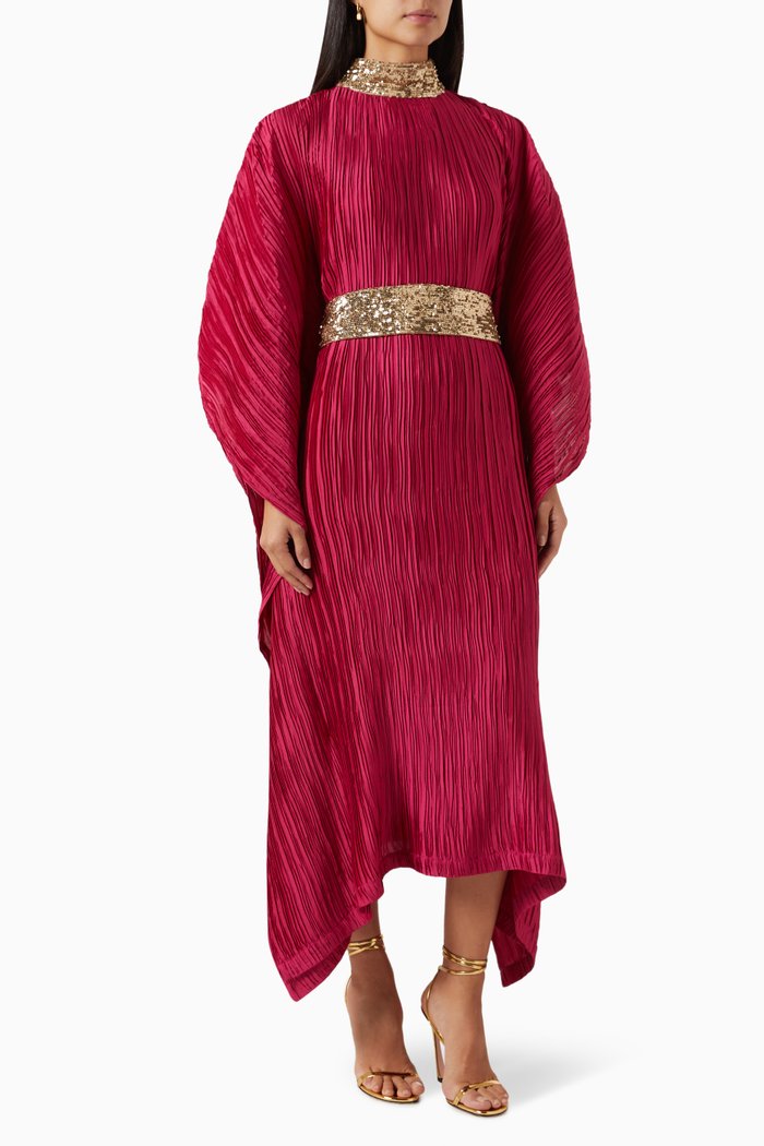 Sequin-embellished Pleated Midi Dress in Satin, Pink