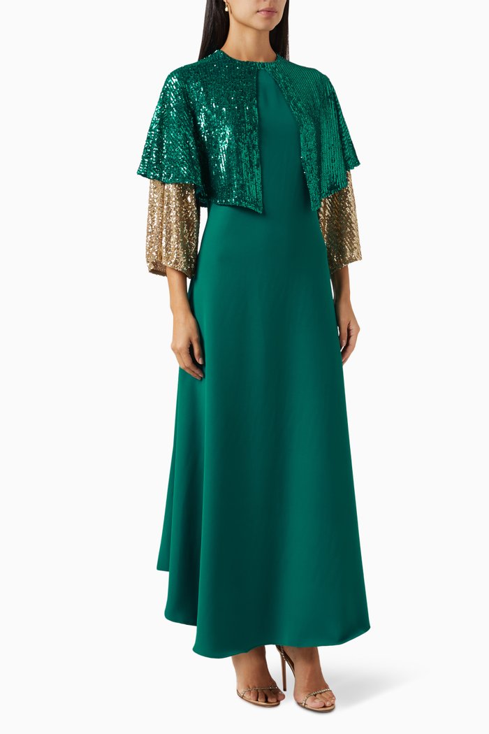 

Sequin-embellished Cape Maxi Dress in Crepe, Green