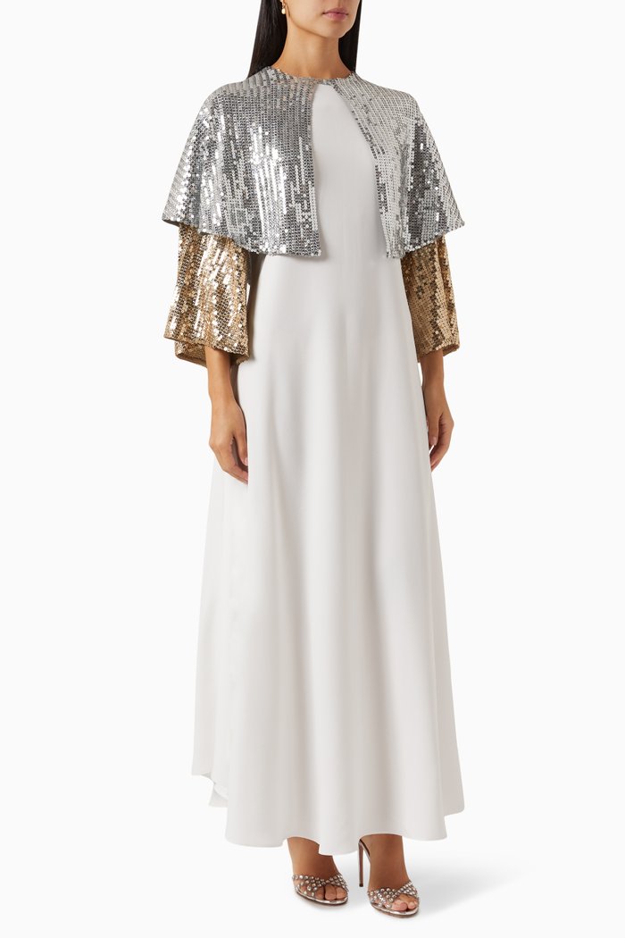 

Sequin-embellished Cape Maxi Dress in Crepe, Silver