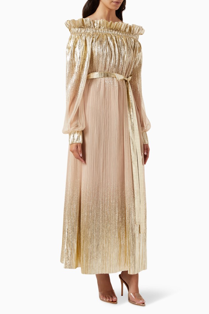 

Ruffled-neck Maxi Dress in Metallic Tulle, Gold