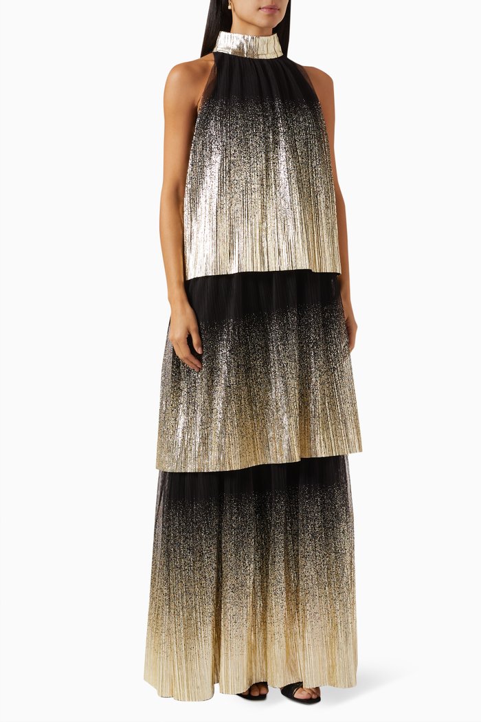 

Tiered Halterneck Maxi Dress in Metallic Tulle, Black