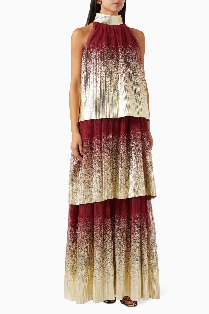 

Tiered Halterneck Maxi Dress in Metallic Tulle, Burgundy