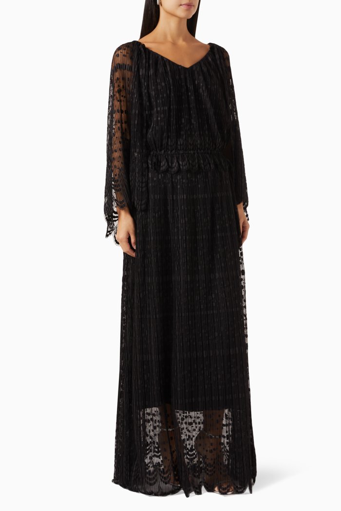 

Pleated Maxi Dress in Plumeti Tulle, Black