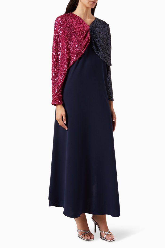 

Sequinned Cape-sleeve Maxi Dress in Crepe, Blue