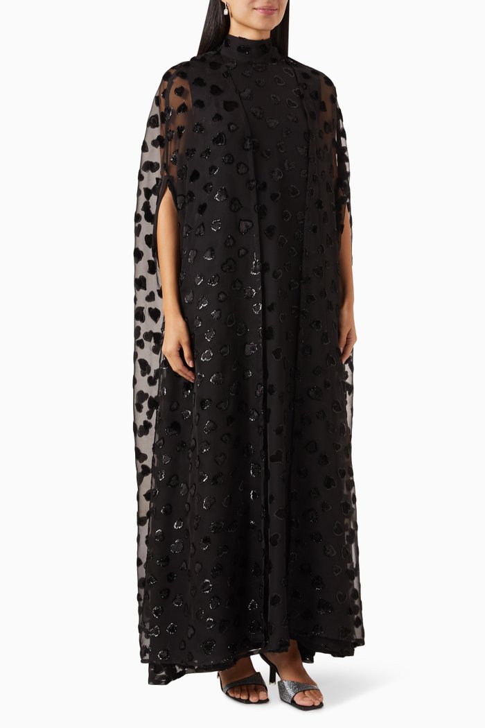 

Embroidered Cape & Maxi Dress Set in Organza, Black