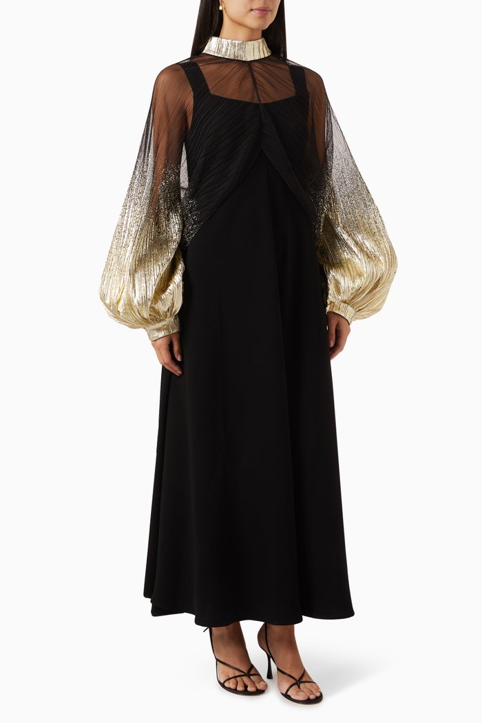 

Puff-sleeve Midi Dress in Metallic Tulle, Black