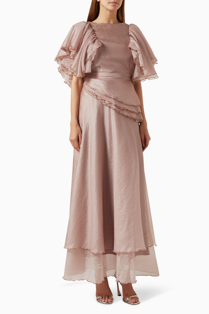 

Ruffle-sleeve Maxi Dress in Shiny Organza, Neutral