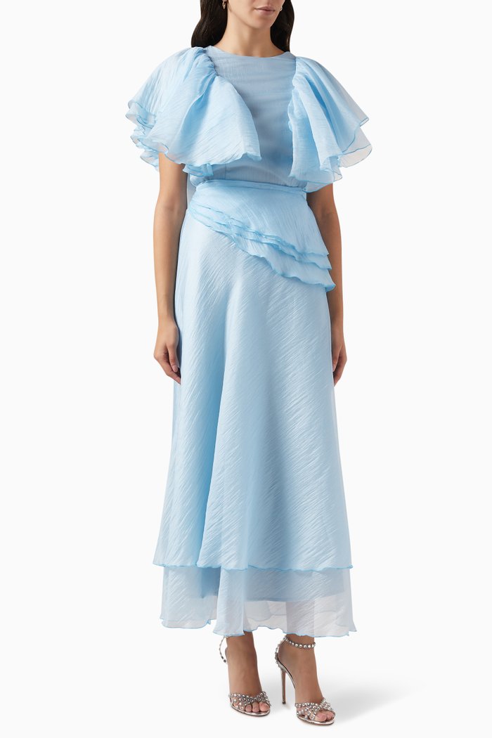 

Ruffle-sleeve Maxi Dress in Shiny Organza, Blue