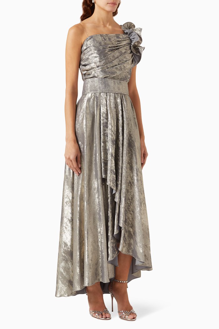 

One-shoulder Maxi Dress in Metallic-fabric, Grey