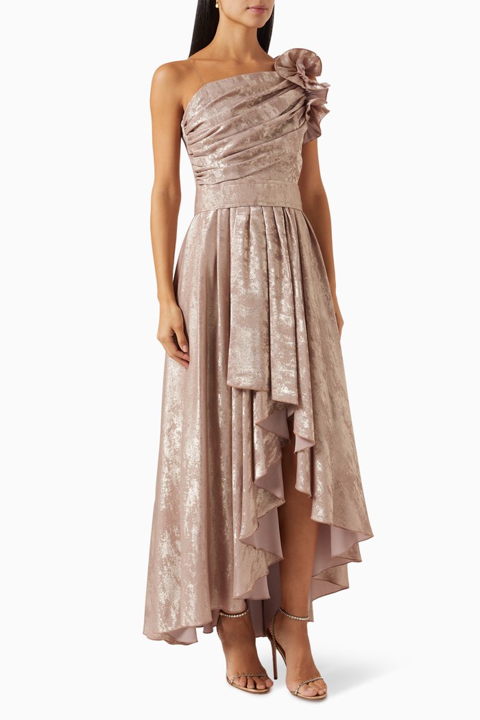 

One-shoulder Maxi Dress in Metallic-fabric, Pink