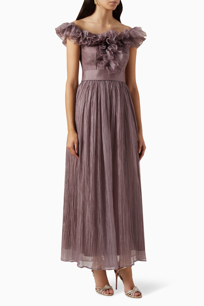

Ruffled-trim Off-shoulder Maxi Dress, Grey