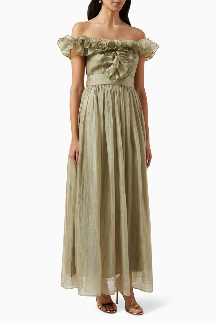 

Ruffled-trim Off-shoulder Maxi Dress, Green