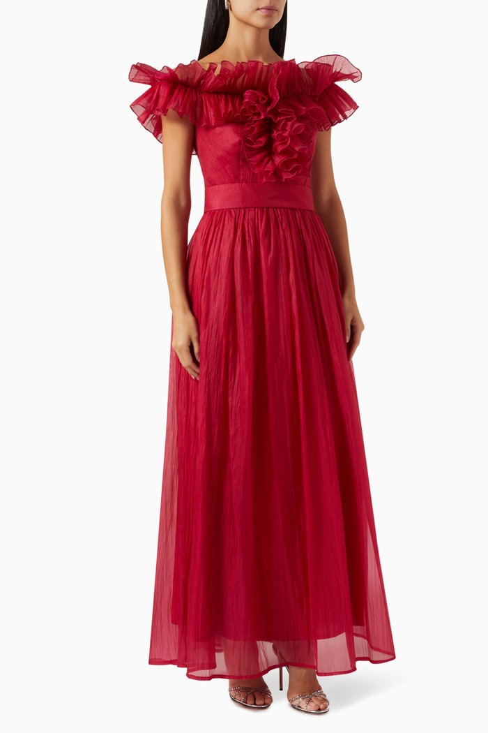Ruffled-trim Off-shoulder Maxi Dress, Purple