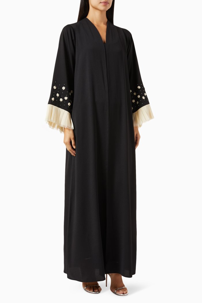 

Pleated-cuff Embellished Abaya in Crepe, Black